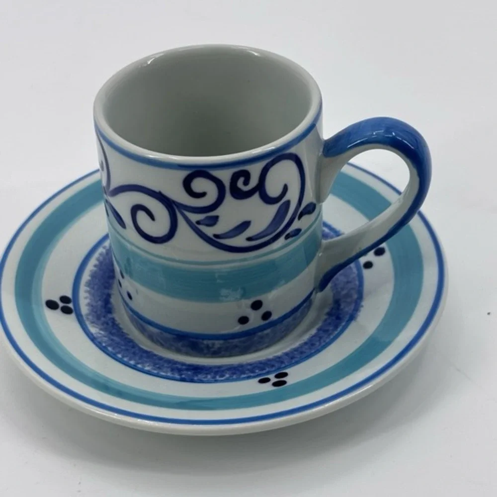 Vintage Herman Dodge Hand Painted Espresso‎ Cup & Saucer Blue Turquoise Thailand